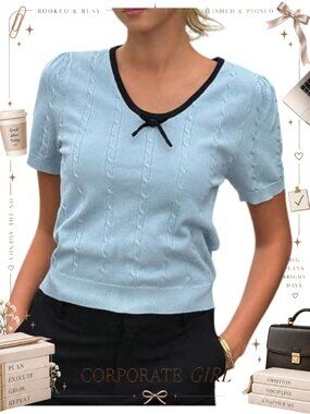 Women's Short Sleeve V Neck Cable Knit Sweater Bow Contrast Trim Casual Top